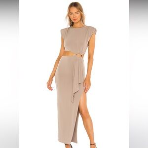 Lovers & Friends Taupe dress with padded shoulders and ring accent in the middle